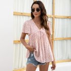 Women V Neck Short Sleeves Tops Elegant Floral Printing Pleated Blouse Casual Loose Pullover Shirt pink XL