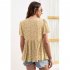 Women V Neck Short Sleeves Tops Elegant Floral Printing Pleated Blouse Casual Loose Pullover Shirt yellow M