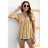 Women V Neck Short Sleeves Tops Elegant Floral Printing Pleated Blouse Casual Loose Pullover Shirt yellow M