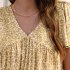 Women V Neck Short Sleeves Tops Elegant Floral Printing Pleated Blouse Casual Loose Pullover Shirt yellow M