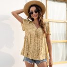 Women V Neck Short Sleeves Tops Elegant Floral Printing Pleated Blouse Casual Loose Pullover Shirt yellow M