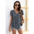 Women V Neck Short Sleeves Tops Elegant Floral Printing Pleated Blouse Casual Loose Pullover Shirt yellow M
