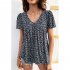 Women V Neck Short Sleeves Tops Elegant Floral Printing Pleated Blouse Casual Loose Pullover Shirt yellow M