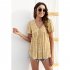 Women V Neck Short Sleeves Tops Elegant Floral Printing Pleated Blouse Casual Loose Pullover Shirt yellow M