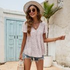 Women V Neck Short Sleeves Tops Elegant Floral Printing Pleated Blouse Casual Loose Pullover Shirt White Red L