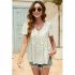 Women V Neck Short Sleeves Tops Elegant Floral Printing Pleated Blouse Casual Loose Pullover Shirt White S
