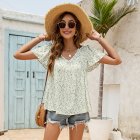 Women V Neck Short Sleeves Tops Elegant Floral Printing Pleated Blouse Casual Loose Pullover Shirt White L