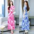 Women V Neck Short Sleeves Dress Summer Sweet Floral Printing A line Skirt Trendy Slimming Pullover Dress Pink 2XL