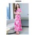 Women V Neck Short Sleeves Dress Summer Sweet Floral Printing A line Skirt Trendy Slimming Pullover Dress Pink 3XL