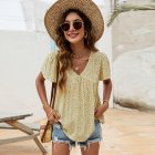 Women V Neck Short Sleeves Tops Elegant Floral Printing Pleated Blouse Casual Loose Pullover Shirt white yellow S