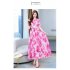 Women V Neck Short Sleeves Dress Summer Sweet Floral Printing A line Skirt Trendy Slimming Pullover Dress blue XL
