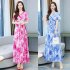 Women V Neck Short Sleeves Dress Summer Sweet Floral Printing A line Skirt Trendy Slimming Pullover Dress blue 2XL