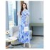 Women V Neck Short Sleeves Dress Summer Sweet Floral Printing A line Skirt Trendy Slimming Pullover Dress blue XL