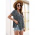 Women V Neck Short Sleeves Tops Elegant Floral Printing Pleated Blouse Casual Loose Pullover Shirt black S