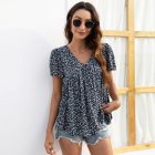 Women V Neck Short Sleeves Tops Elegant Floral Printing Pleated Blouse Casual Loose Pullover Shirt black M