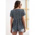 Women V Neck Short Sleeves Tops Elegant Floral Printing Pleated Blouse Casual Loose Pullover Shirt black 2XL