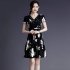 Women V Neck Short Sleeves Dress Fashion Elegant Lace Floral Printing A line Skirt black L