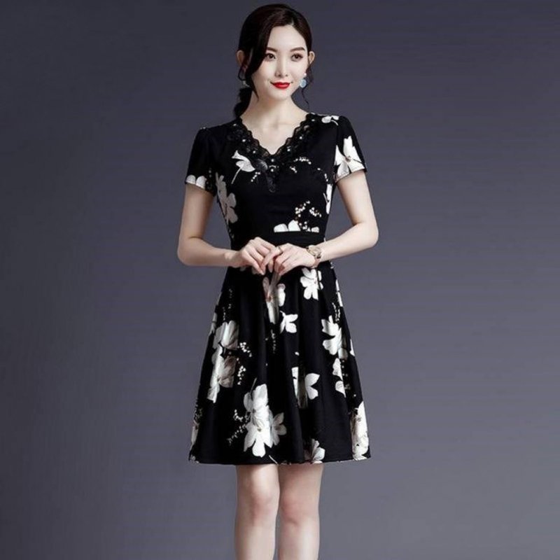 Women V Neck Short Sleeves Dress Fashion Elegant Lace Floral Printing A-line Skirt black L