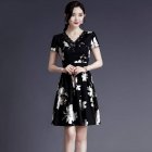 Women V Neck Short Sleeves Dress Fashion Elegant Lace Floral Printing A-line Skirt black S