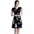 Women V Neck Short Sleeves Dress Fashion Elegant Lace Floral Printing A line Skirt black XL