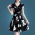 Women V Neck Short Sleeves Dress Fashion Elegant Lace Floral Printing A line Skirt black XL