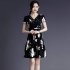 Women V Neck Short Sleeves Dress Fashion Elegant Lace Floral Printing A line Skirt black XL