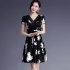 Women V Neck Short Sleeves Dress Fashion Elegant Lace Floral Printing A line Skirt black XL