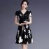 Women V Neck Short Sleeves Dress Fashion Elegant Lace Floral Printing A line Skirt black L