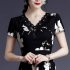 Women V Neck Short Sleeves Dress Fashion Elegant Lace Floral Printing A line Skirt black XL