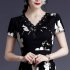 Women V Neck Short Sleeves Dress Fashion Elegant Lace Floral Printing A line Skirt black 2XL