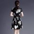 Women V Neck Short Sleeves Dress Fashion Elegant Lace Floral Printing A line Skirt black XL
