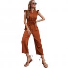 Women V-neck Cropped Jumpsuit Elegant Ruffled Sleeves Lace-up Coverall Simple Solid Color Button Jumpsuit orange red S