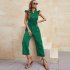 Women V neck Cropped Jumpsuit Elegant Ruffled Sleeves Lace up Coverall Simple Solid Color Button Jumpsuit orange red M