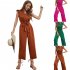 Women V neck Cropped Jumpsuit Elegant Ruffled Sleeves Lace up Coverall Simple Solid Color Button Jumpsuit orange red M