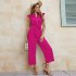 Women V neck Cropped Jumpsuit Elegant Ruffled Sleeves Lace up Coverall Simple Solid Color Button Jumpsuit green S