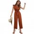 Women V neck Cropped Jumpsuit Elegant Ruffled Sleeves Lace up Coverall Simple Solid Color Button Jumpsuit green M