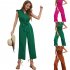 Women V neck Cropped Jumpsuit Elegant Ruffled Sleeves Lace up Coverall Simple Solid Color Button Jumpsuit green M