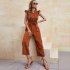 Women V neck Cropped Jumpsuit Elegant Ruffled Sleeves Lace up Coverall Simple Solid Color Button Jumpsuit green M