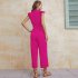 Women V neck Cropped Jumpsuit Elegant Ruffled Sleeves Lace up Coverall Simple Solid Color Button Jumpsuit green M