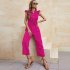 Women V neck Cropped Jumpsuit Elegant Ruffled Sleeves Lace up Coverall Simple Solid Color Button Jumpsuit green M