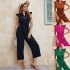 Women V neck Cropped Jumpsuit Elegant Ruffled Sleeves Lace up Coverall Simple Solid Color Button Jumpsuit green M