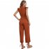 Women V neck Cropped Jumpsuit Elegant Ruffled Sleeves Lace up Coverall Simple Solid Color Button Jumpsuit green M