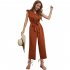 Women V neck Cropped Jumpsuit Elegant Ruffled Sleeves Lace up Coverall Simple Solid Color Button Jumpsuit green M