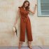 Women V neck Cropped Jumpsuit Elegant Ruffled Sleeves Lace up Coverall Simple Solid Color Button Jumpsuit green M