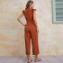 Women V neck Cropped Jumpsuit Elegant Ruffled Sleeves Lace up Coverall Simple Solid Color Button Jumpsuit green M