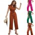 Women V neck Cropped Jumpsuit Elegant Ruffled Sleeves Lace up Coverall Simple Solid Color Button Jumpsuit green M