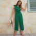 Women V neck Cropped Jumpsuit Elegant Ruffled Sleeves Lace up Coverall Simple Solid Color Button Jumpsuit green XS