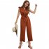 Women V neck Cropped Jumpsuit Elegant Ruffled Sleeves Lace up Coverall Simple Solid Color Button Jumpsuit green XS