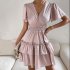 Women V neck Dress Elegant Puff Short Sleeves Ruffle Mid Skirt Elastic Waist Solid Color Pullover Dress pink S