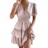 Women V neck Dress Elegant Puff Short Sleeves Ruffle Mid Skirt Elastic Waist Solid Color Pullover Dress pink S